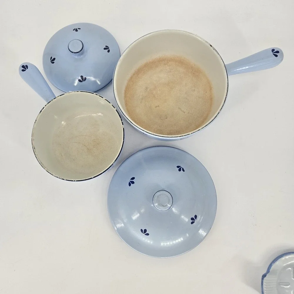 Vintage DRU Holland Blue Enamel Saucepan Set With Lids Tulip MCM Cookware 6
